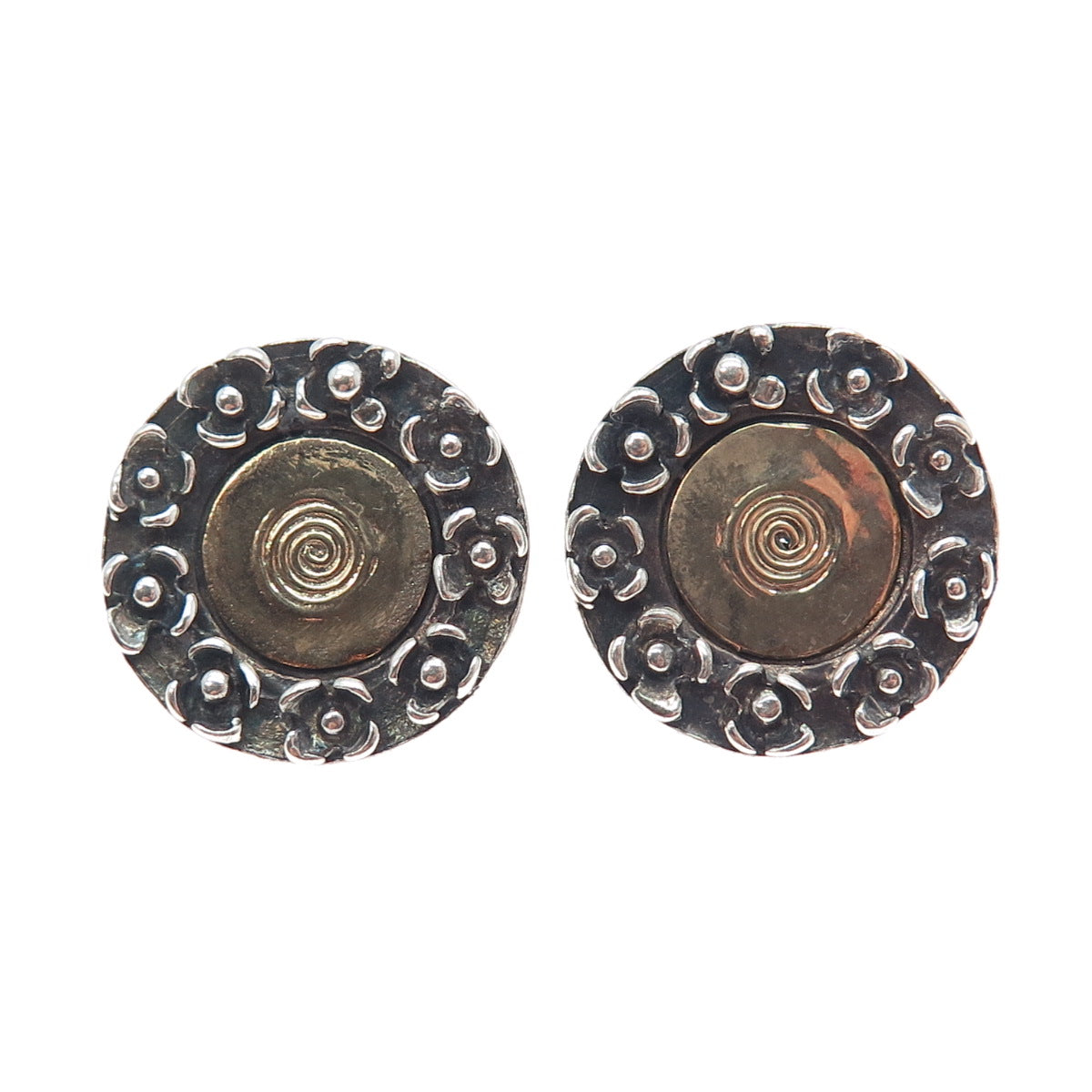 925 Sterling Silver 2-Tone Vintage Modernist Flower Blossom Oxidized Earrings