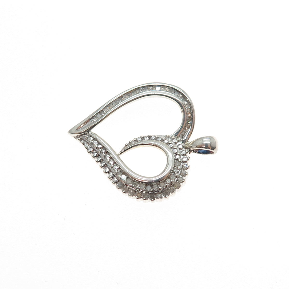 SUN 925 Sterling Silver Real Round & Tapered Baguette-Cut Diamond Heart Pendant