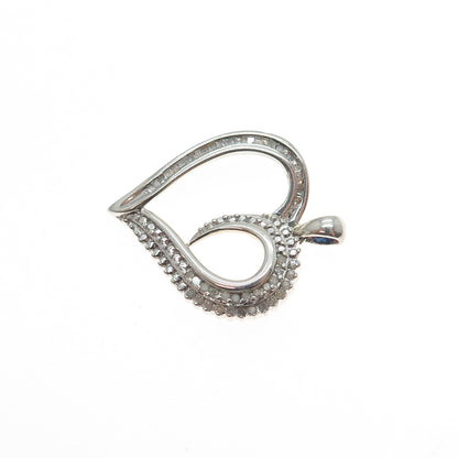 SUN 925 Sterling Silver Real Round & Tapered Baguette-Cut Diamond Heart Pendant