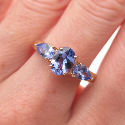 925 Sterling Silver Gold Plated Real Oval & Pear-Cut Tanzanite Ring Size 8