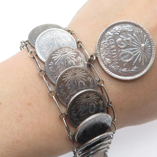 720 Silver Antique 1940s Mexico 20 & 50 Centavos Coin Link Bracelet 7"
