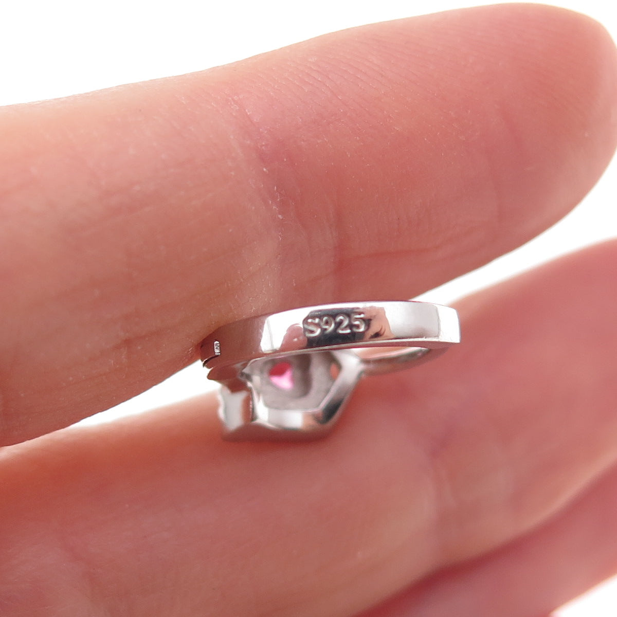 925 Sterling Silver Pink & White C Z Heart Hoop Earrings