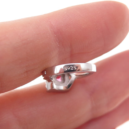 925 Sterling Silver Pink & White C Z Heart Hoop Earrings