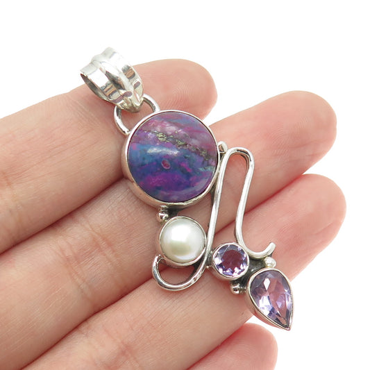 925 Sterling Silver Vintage Purple Turquoise Amethyst & Pearl Modernist Pendant