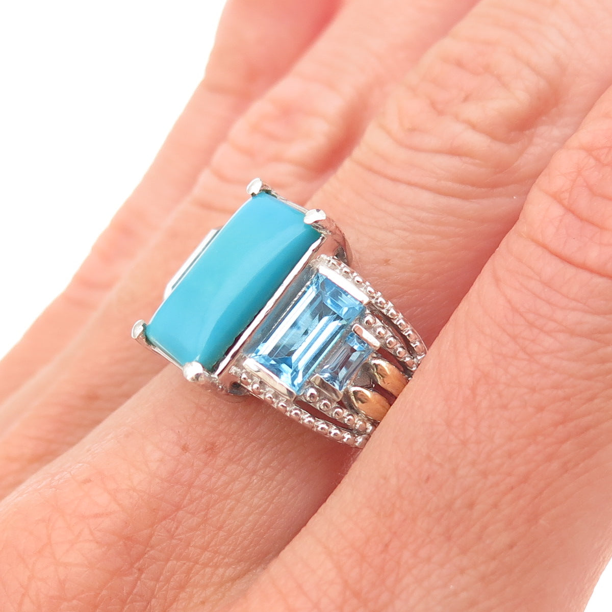 Chuck Clemency 925 Sterling Silver Real Turquoise & Blue Topaz Ring Size 8.25