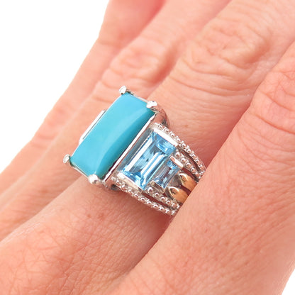 Chuck Clemency 925 Sterling Silver Real Turquoise & Blue Topaz Ring Size 8.25