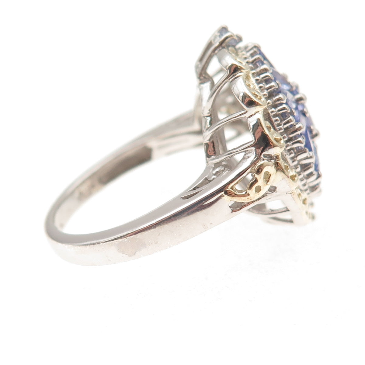 Chuck Clemency 925 Sterling Silver 2-Tone Real Tanzanite Floral Ring Size 8.25