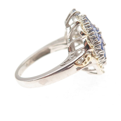 Chuck Clemency 925 Sterling Silver 2-Tone Real Tanzanite Floral Ring Size 8.25