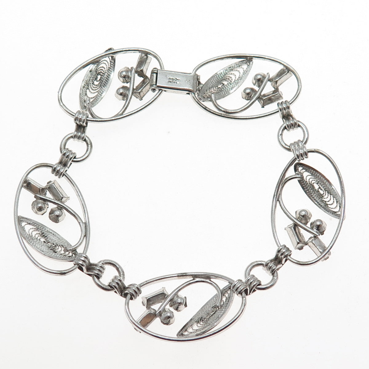 CARL ART Sterling Antique Blue & White Rhinestone Filigree Flower Bracelet 6.75"