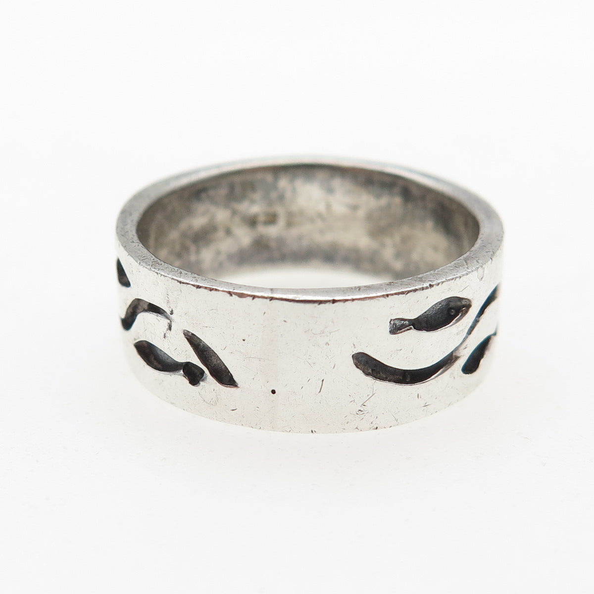 925 Sterling Silver Vintage Fish Oxidized Band Ring Size 7.75