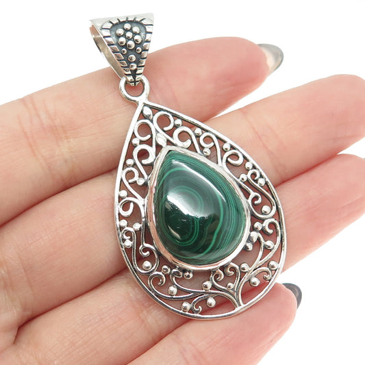 ARYA 925 Sterling Silver Vintage Real Malachite Swirl Teardrop Pendant