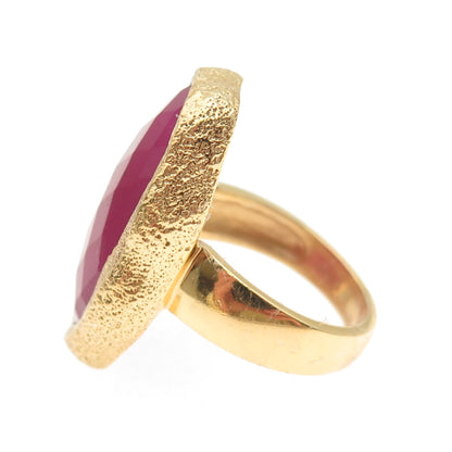 925 Sterling Silver Gold Plated Real Pink Quartz Modernist Ring Size 7.25