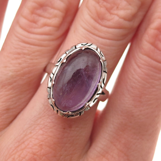 925 Sterling Silver Vintage Real Amethyst Floral Oxidized Ring Size 7.25
