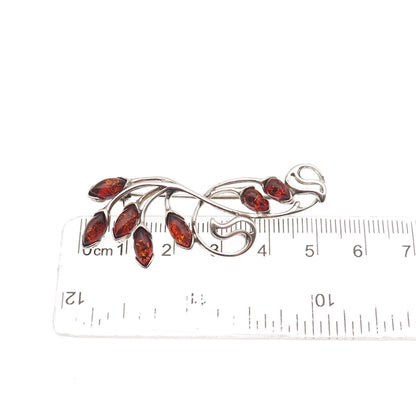 925 Sterling Silver Vintage Real Amber Modernist Floral Oxidized Pin Brooch