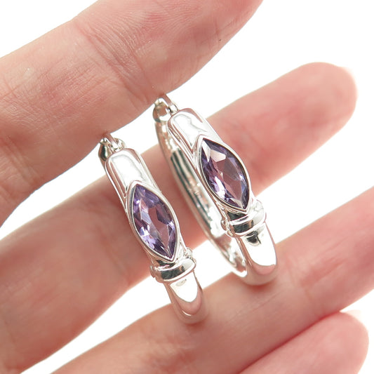 925 Sterling Silver Vintage Real Marquise-Cut Amethyst Oval Hoop Earrings