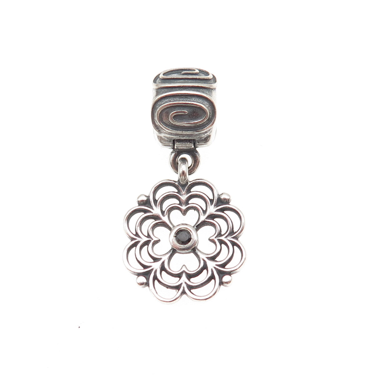Pandora 925 Sterling Silver Round-Cut Black C Z Dogwood Dangle Clip Charm