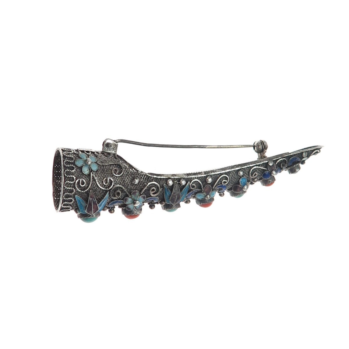 925 Sterling Antique China Enamel Turquoise & Coral Finger Nail Guard Pin Brooch