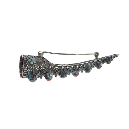 925 Sterling Antique China Enamel Turquoise & Coral Finger Nail Guard Pin Brooch