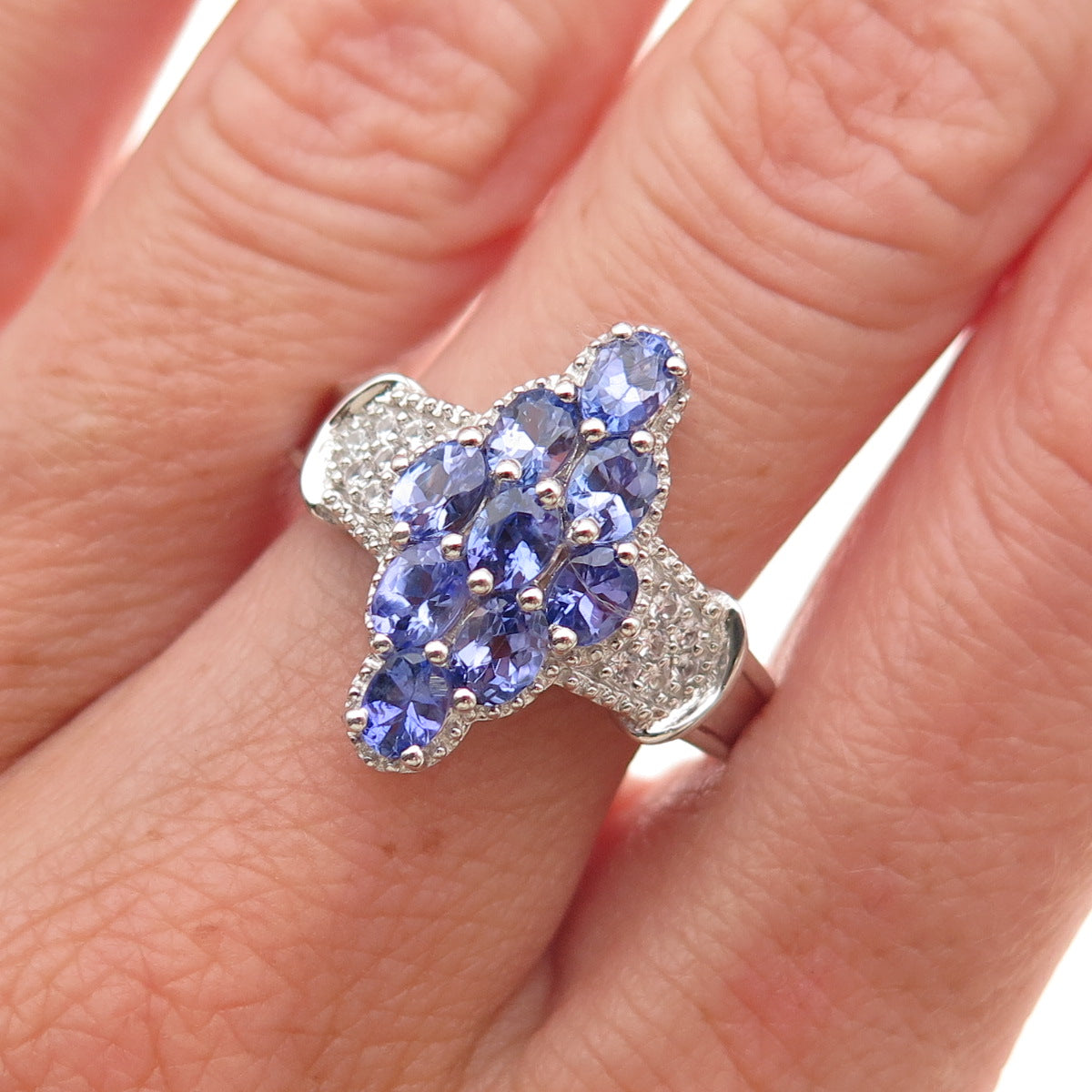 Chuck Clemency 925 Sterling Silver Real Tanzanite & White Topaz Ring Size 8.25
