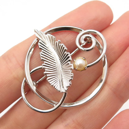 925 Sterling Silver Vintage DIXELL Real Pearl Leaf Pin Brooch