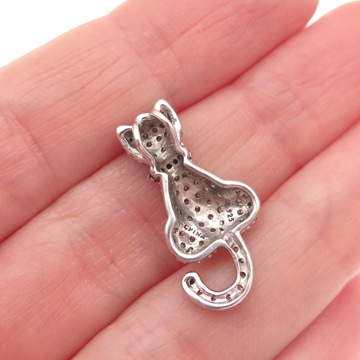 925 Sterling Silver Round-Cut Black & White C Z Cat Slide Charm Pendant