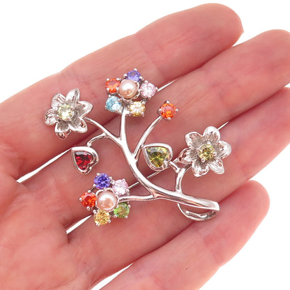 925 Sterling Silver Real Pearl & Multi-Color C Z Floral Pendant