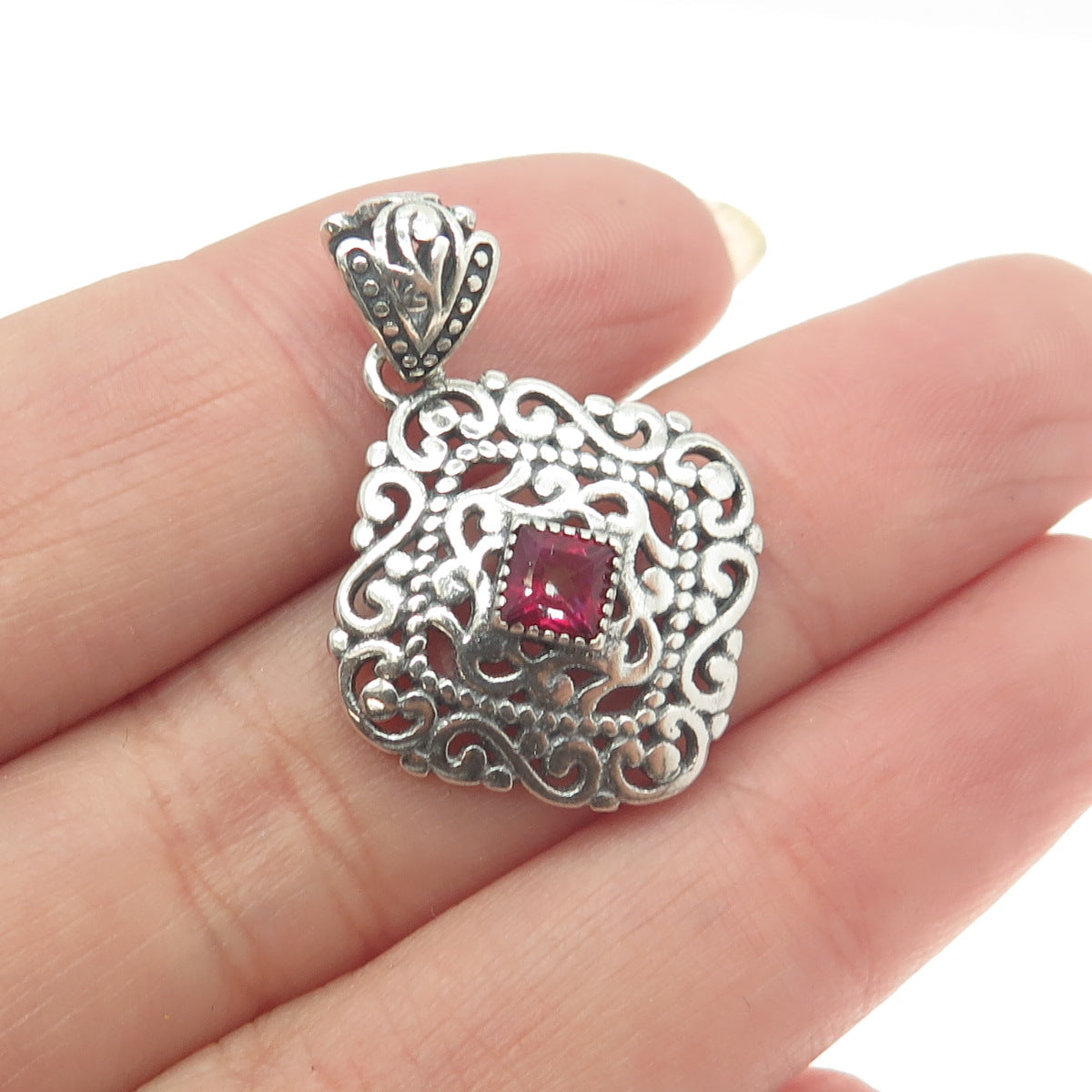 BERIA 925 Sterling Silver Princess-Cut Mystic Crystal Ornate Square Pendant