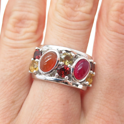 925 Sterling Silver Real Multi-Color Opal Red Garnet & Citrine Ring Size 7.25