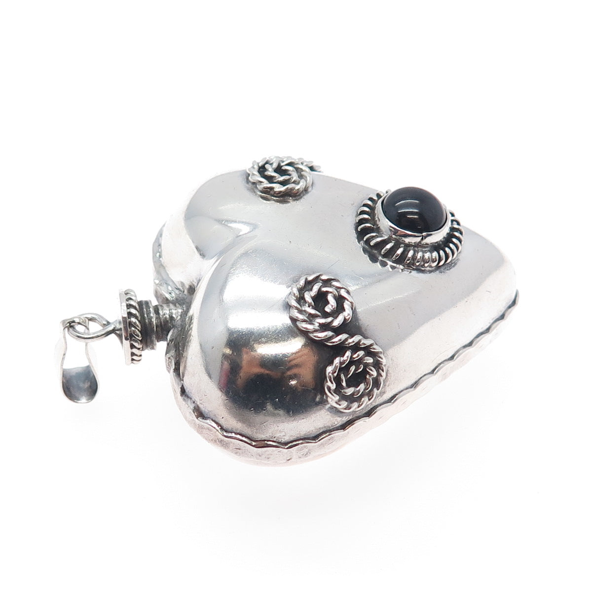 925 Sterling Silver Vintage Mexico Real Black Onyx Heart Perfume Bottle Pendant