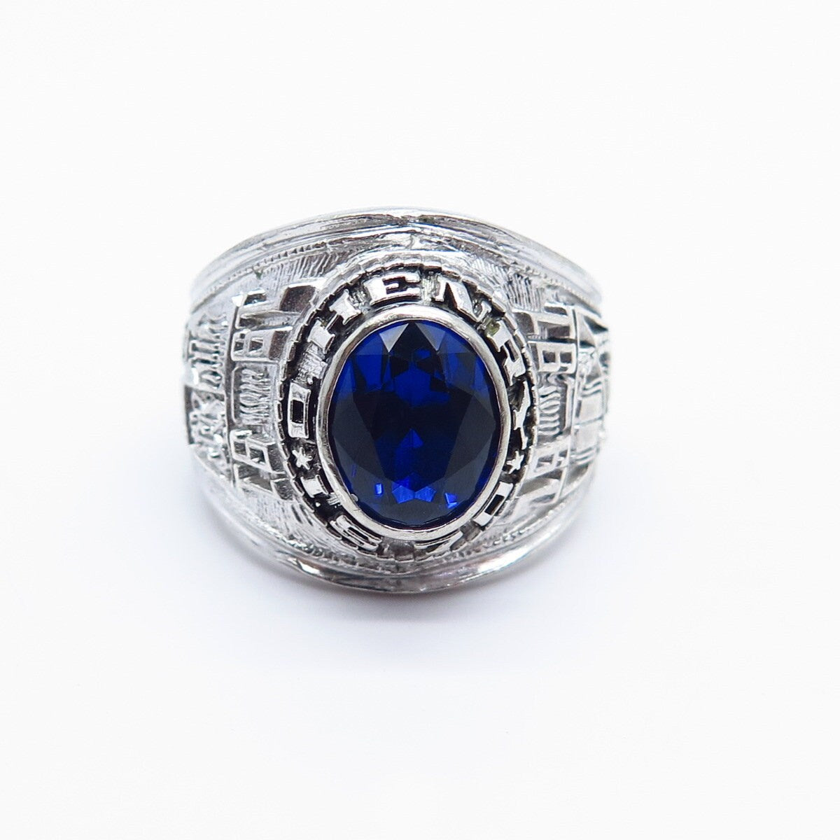 925 Sterling Silver Vintage Reed Co. Lab-Created Sapphire School Ring Size 8.25