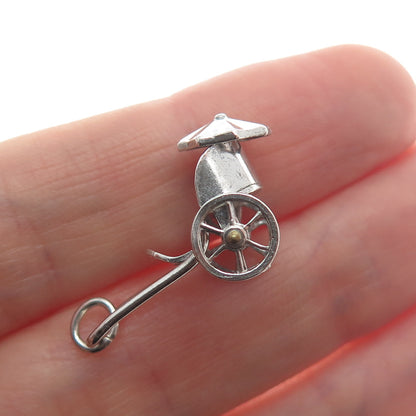 925 Sterling Silver 2-Tone Antique Rickshaw Carriage 3D Pendant