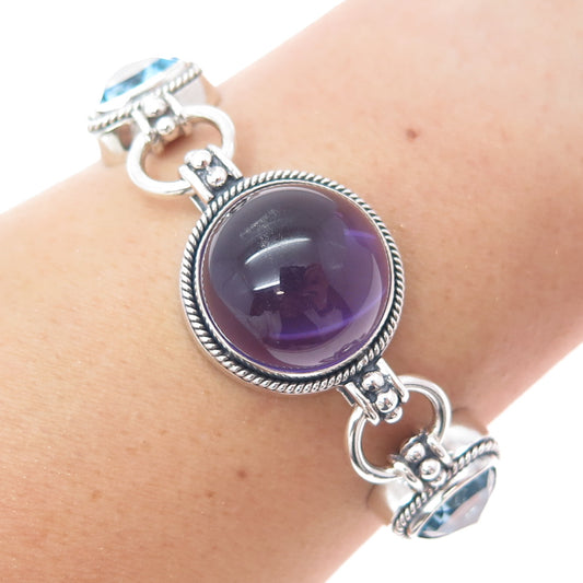 SAMUEL BENHAM Sterling Silver Vintage Real Amethyst & Blue Topaz Bracelet 7.25"