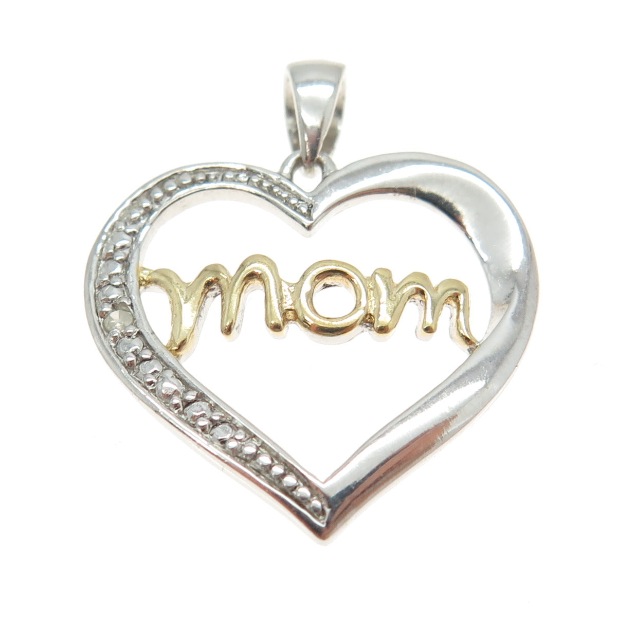 925 Sterling Silver 2-Tone Real Round-Cut Diamond "Mom" Heart Pendant