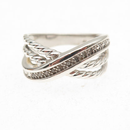925 Sterling Silver Real Round-Cut Diamond Crisscross Ring Size 7.25