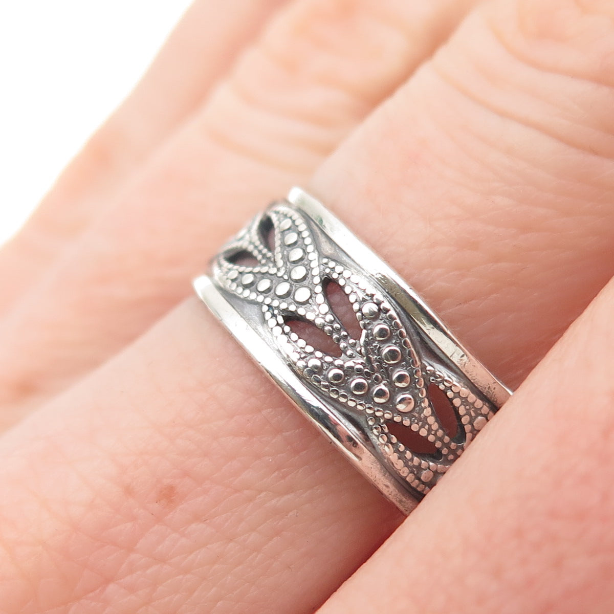 VARGAS 925 Sterling Silver Antique Art Deco Dotted Oxidized Band Ring Size 8.25