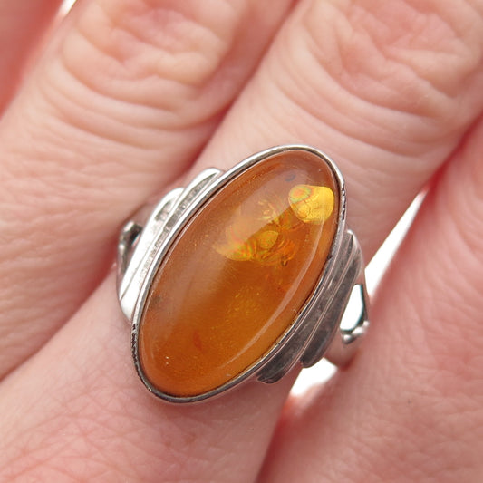 925 Sterling Silver Vintage Real Amber Modernist Ring Size 8.25