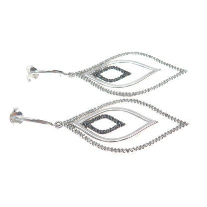 925 Sterling Silver Real Round-Cut Black & White Diamond Dangle Earrings