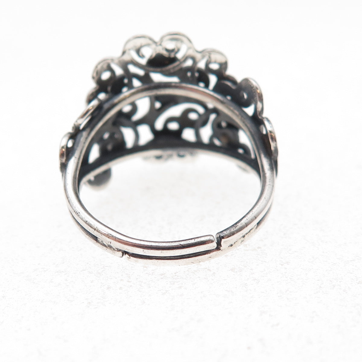 Beau Sterling Silver Antique Art Deco Floral Oxidized Adjustable Ring Size 5.25