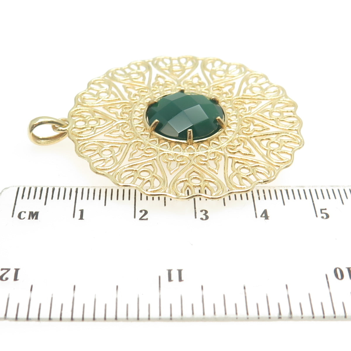 LIRM 925 Sterling Silver Gold Plated Real Green Onyx Fleur de Lis Round Pendant