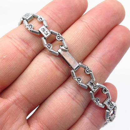 925 Sterling Silver Antique Real Marcasite Gemstone Panel Link Bracelet 7"