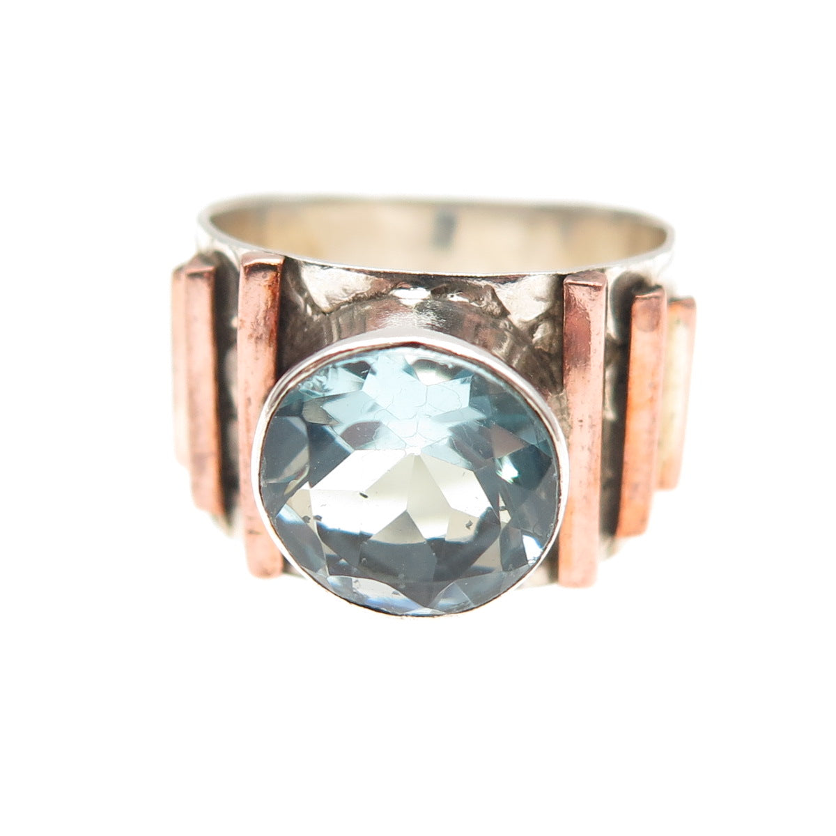 925 Sterling Silver 2-Tone Vintage Blue C Z Modernist Oxidized Ring Size 6.25