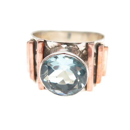 925 Sterling Silver 2-Tone Vintage Blue C Z Modernist Oxidized Ring Size 6.25