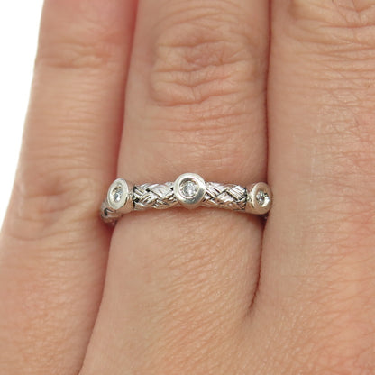 925 Sterling Silver Real Round-Cut Diamond Woven Ring Size 4.75