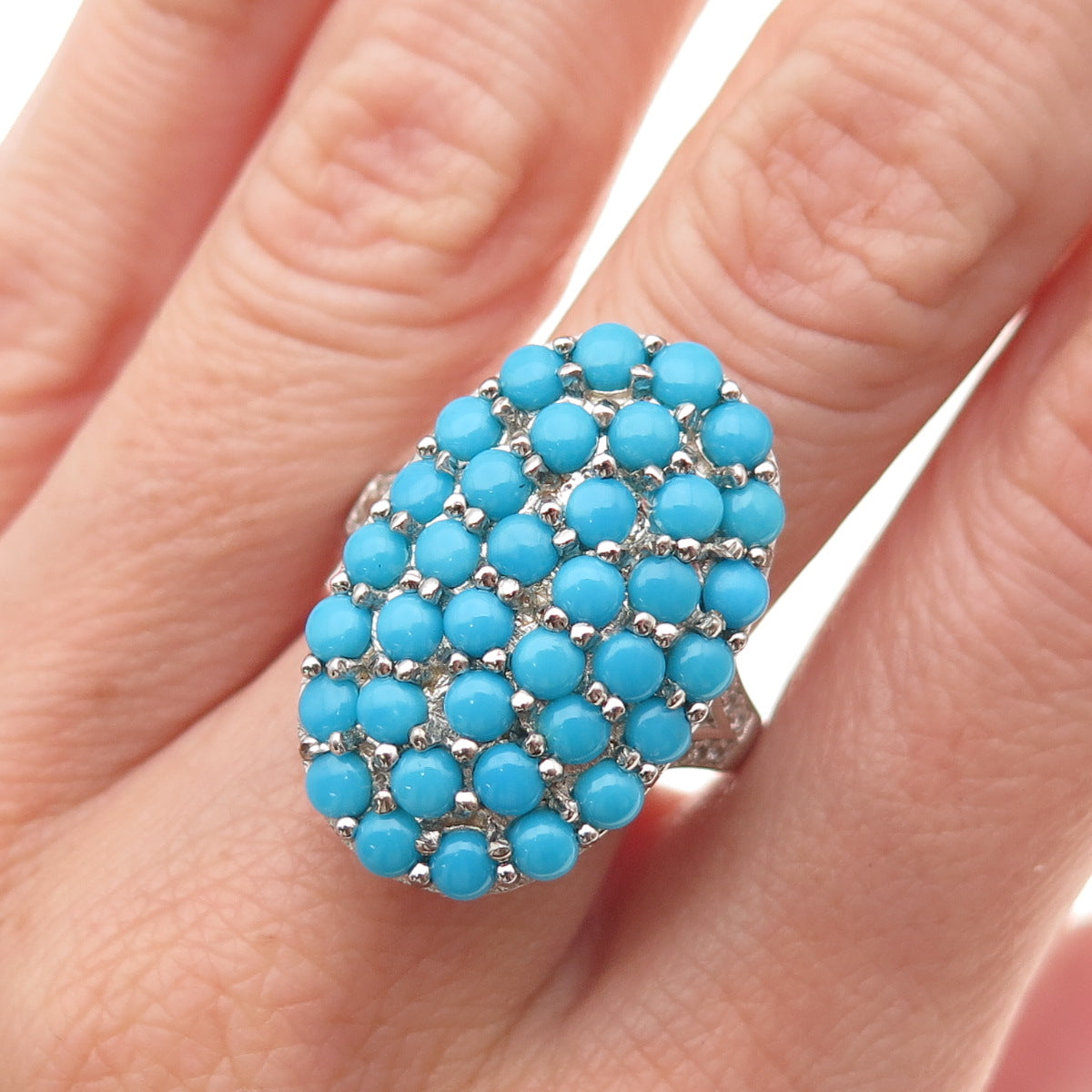 925 Sterling Silver Real Sleeping Beauty Turquoise & White Topaz Ring Size 8.25