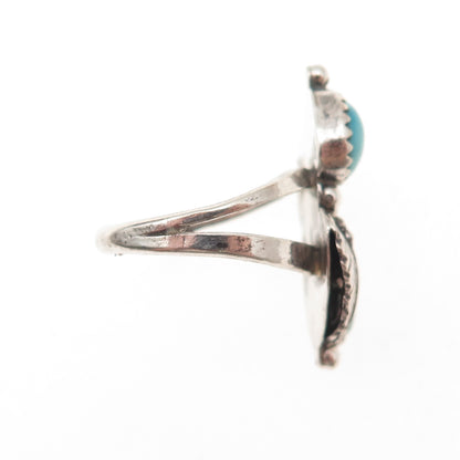 Old Pawn Sterling Silver Vintage Southwestern Turquoise Feather Ring Size 7.25