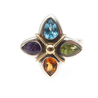 925 Sterling 18K Gold Vintage Real Topaz Amethyst Peridot & Citrine Ring Size 7
