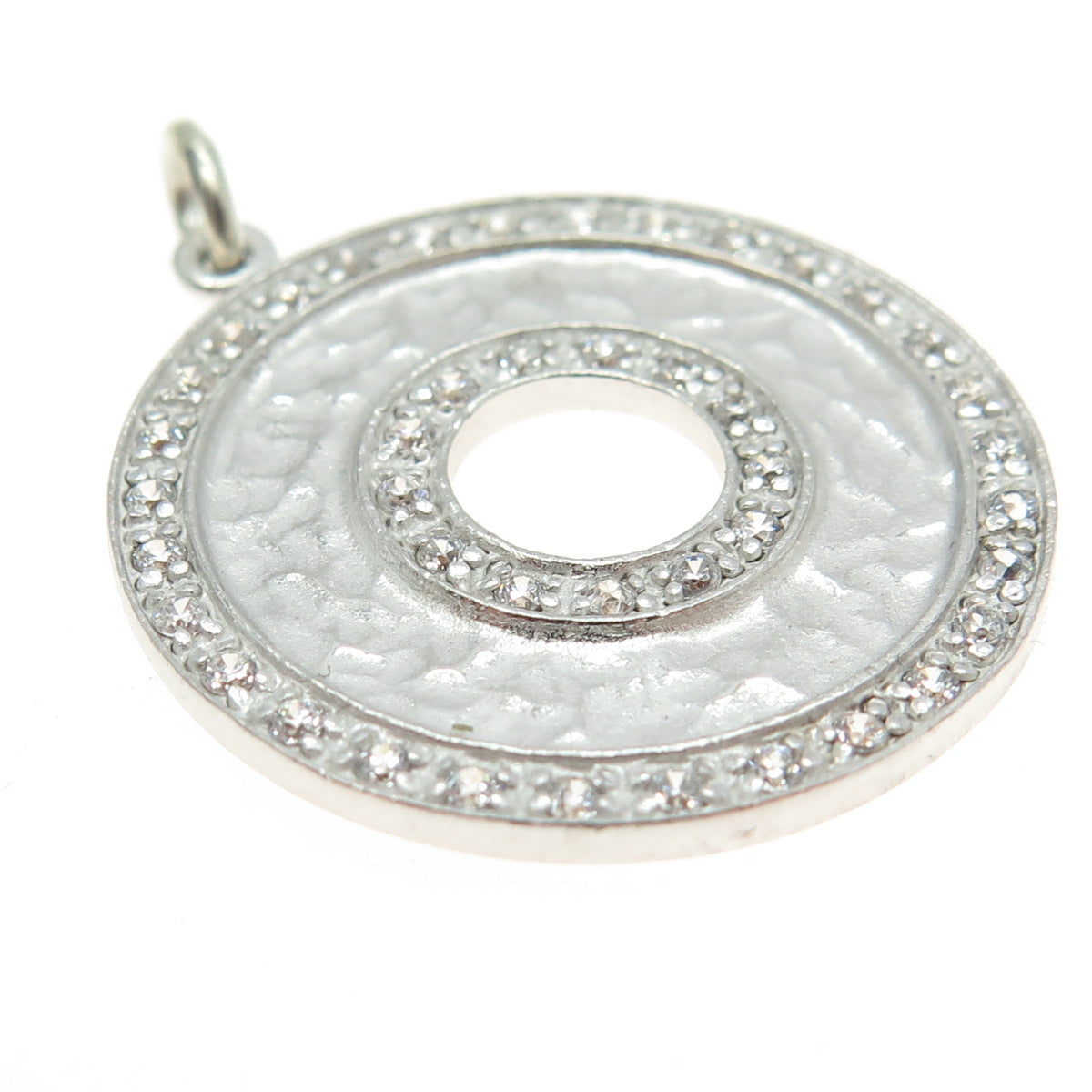 925 Sterling Silver Pave C Z Textured Round Pendant