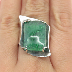 PRIOLI 925 Sterling Silver Green Glass Modernist Ring Size 8