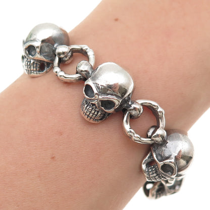 925 Sterling Silver Vintage Skull Link Oxidized Biker Bracelet 7.5"