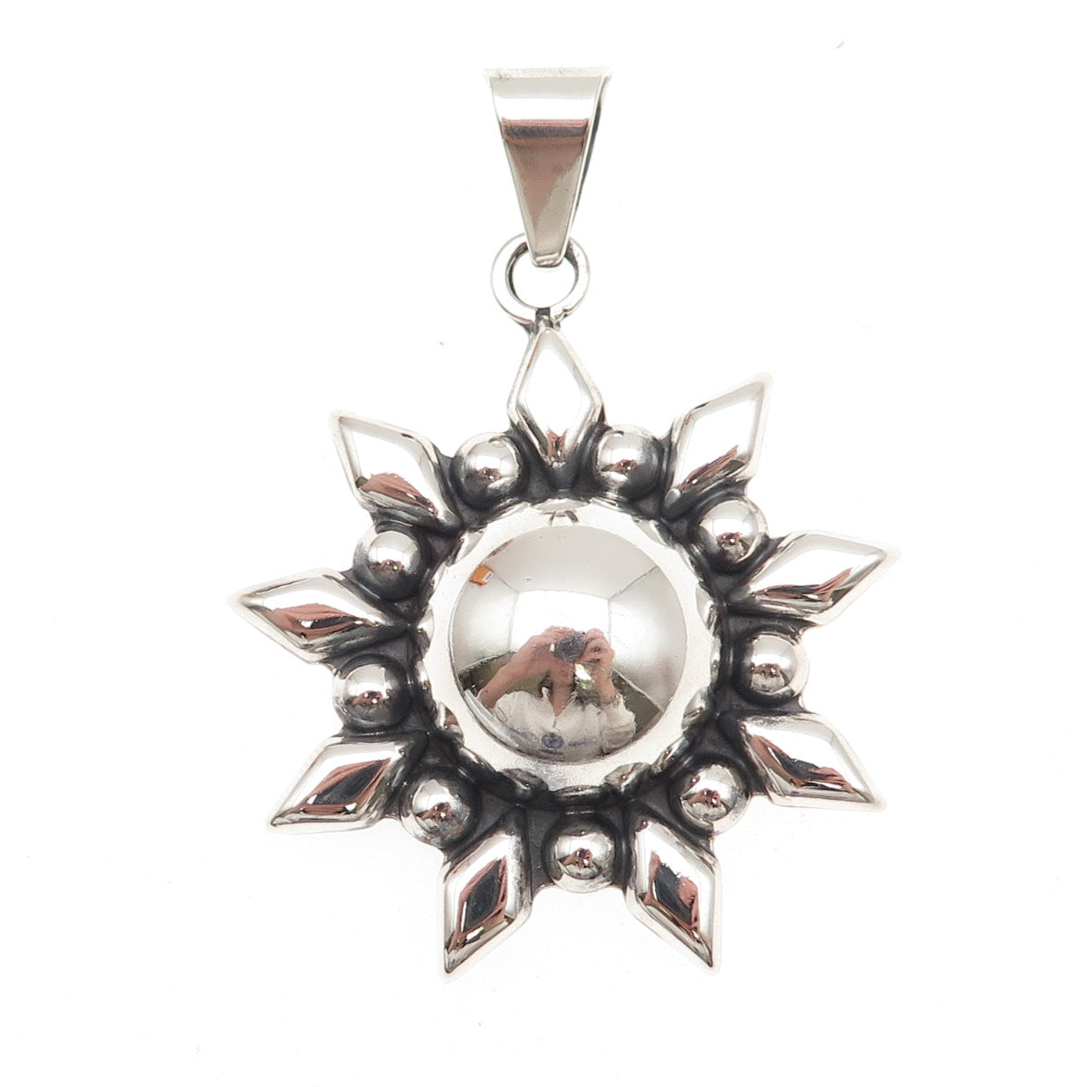 925 Sterling Silver Vintage CII Mexico Sun Beaded Oxidized Pendant